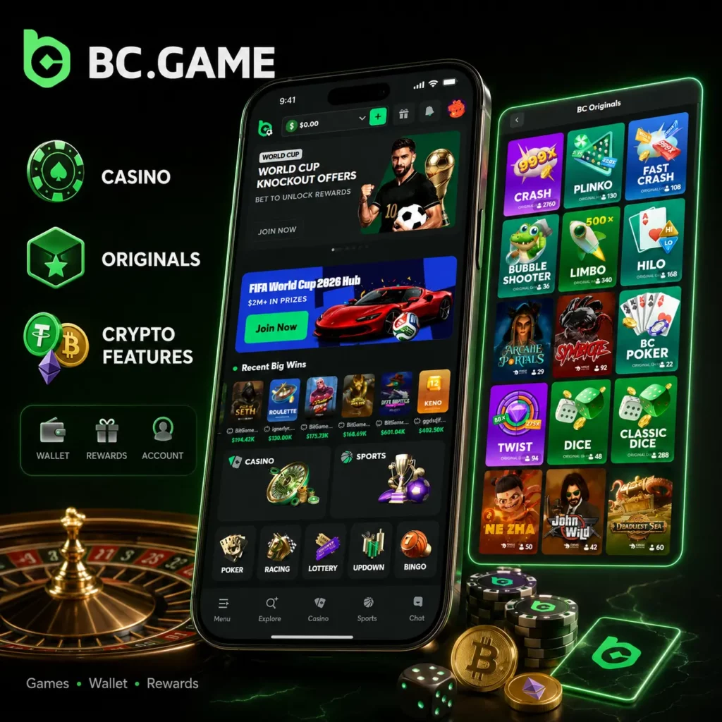 BC Game casino, originals and crypto features in the app